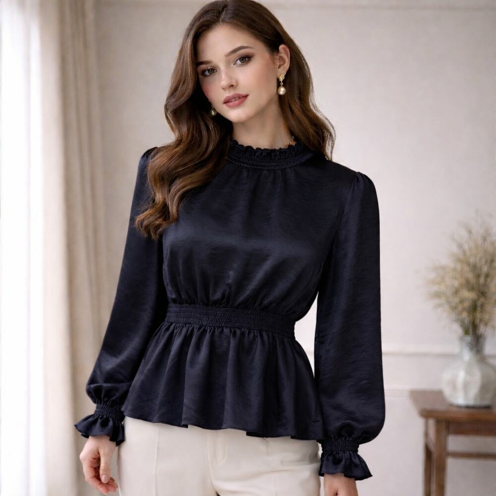 River Island Smocked Peplum Blouse Black Satin Fairy Goth Whimsical Size US 10